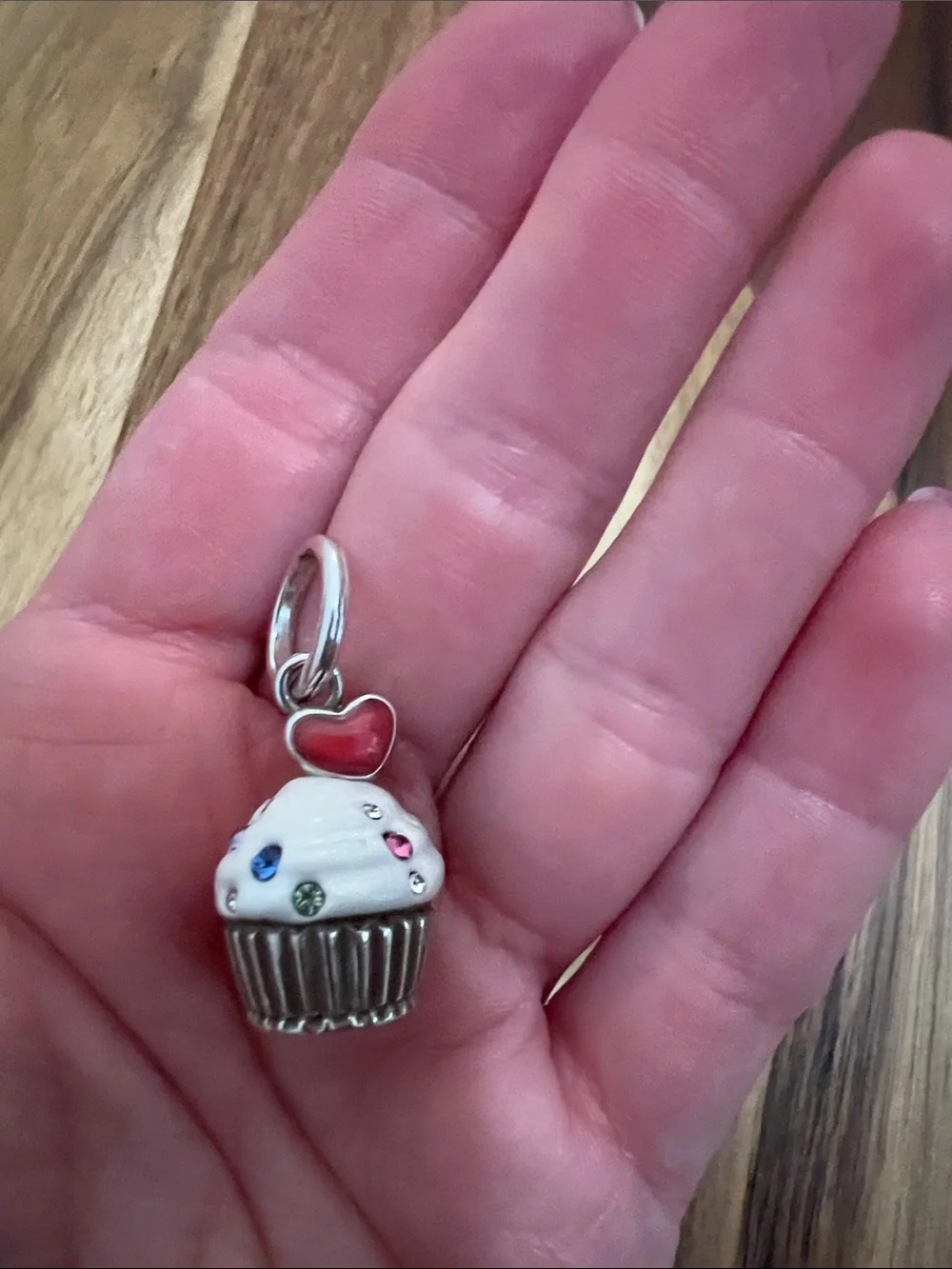 Brighton Silver Cupcake Charm with White Frosting and Pink Heart Accent